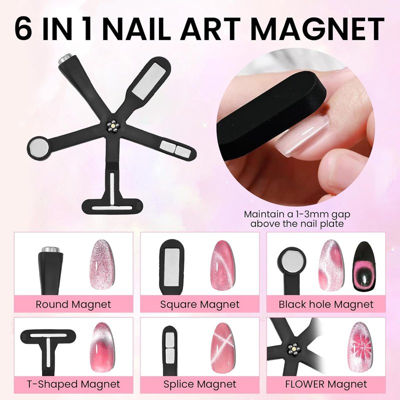 37 PCS Cat Eye Magnet Set, 6 In 1 Nail Polish Magnets for Nail Polish Gel, Hearts Flowers Magnets for Nails, Nail Art DIY Design Supplies for Home, Salon