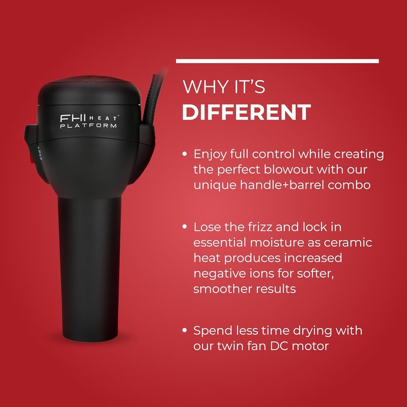 FHI Heat Hair Dryer - Lightweight Handle-Less Design with HydraHeat for Frizz-Free Styles | Includes Diffuser, Nozzle & Comb