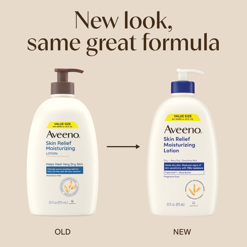 Aveeno Skin Relief Moisturizing Lotion Heals Very Dry, Sensitive Skin, Fast-Absorbing Body Lotion with Triple Oat & Shea Butter, Fragrance Free, Non-Comedogenic, Value Size, 33 fl. oz
