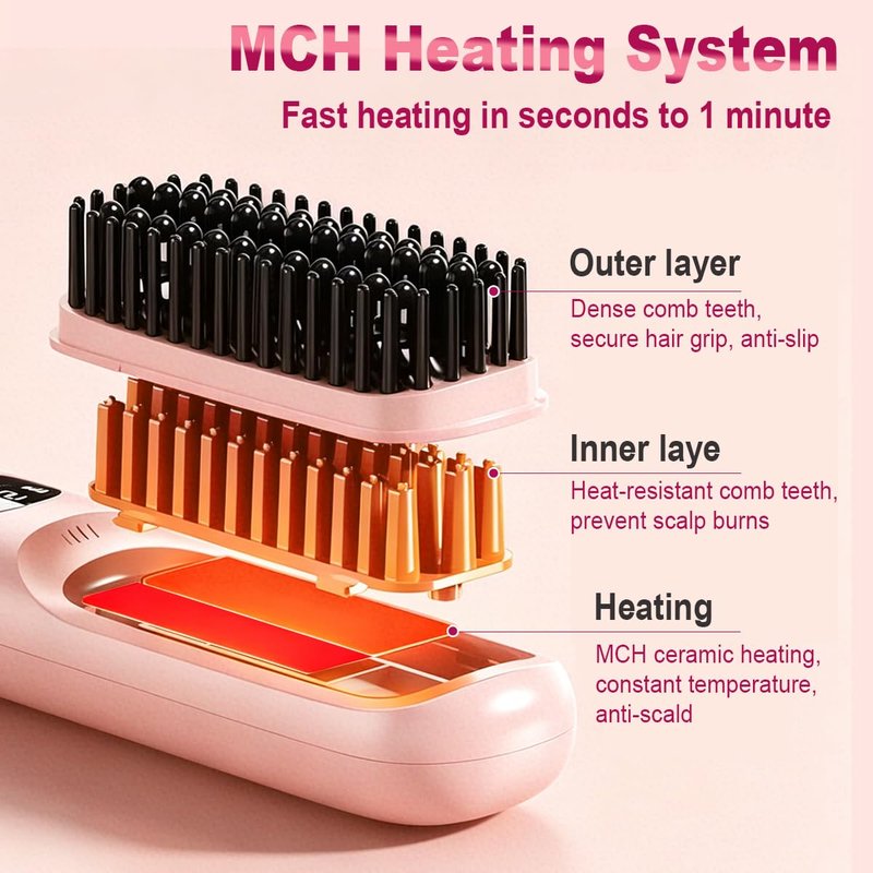 Go Brush Pro 2026 Upgraded Cordless Hair Straightener Brush for Short Hair, LED Display, MCH Heating, 9 Heat Settings 120°C–220°C (248°F–428°F), 200M Negative Ions