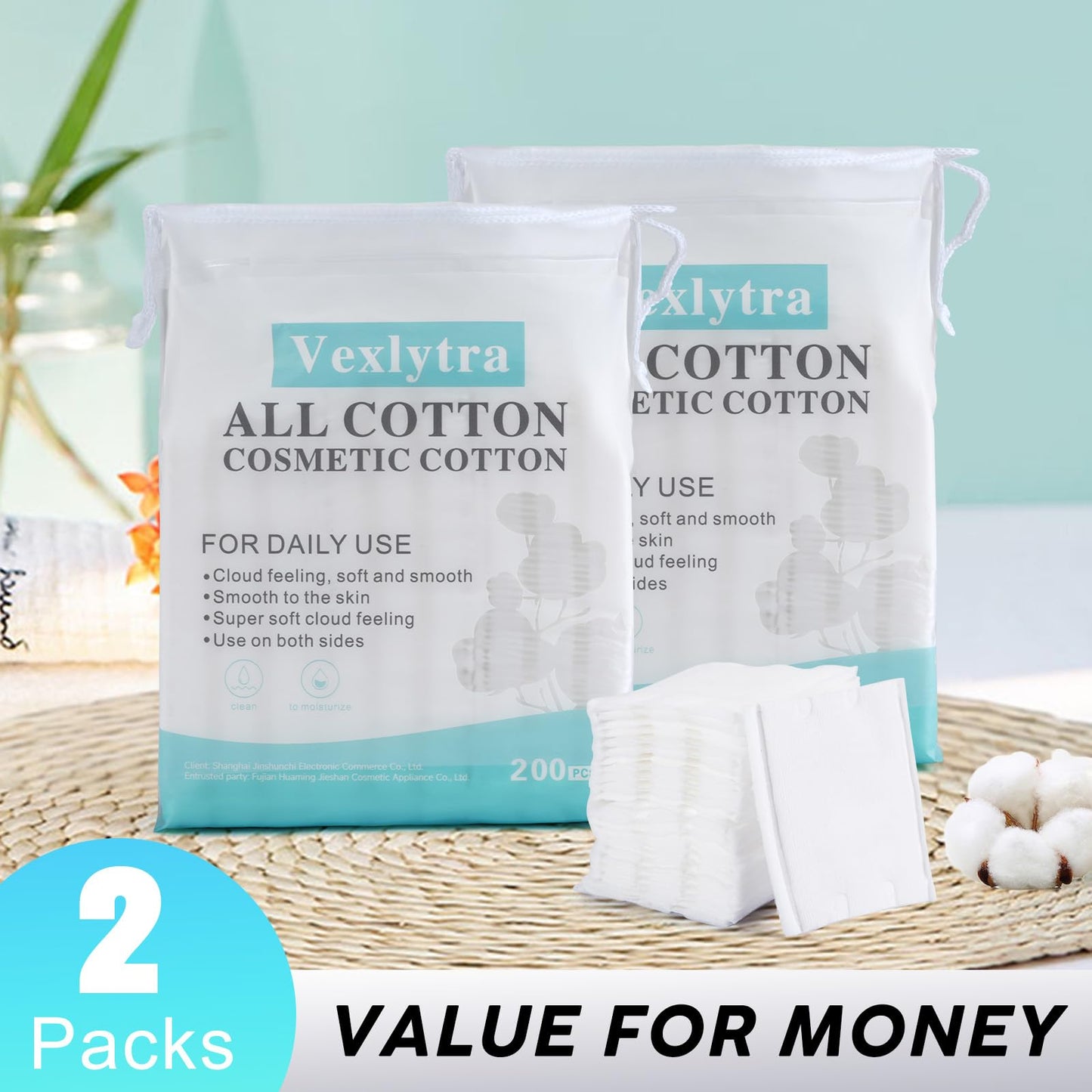 Vexlytra Square Cotton Pads for face, Cotton Squares for Face, Lips & Eyes, 100% Pure Cotton, Hypoallergenic, Ultra-Soft & Lint-Free for Gentle Skincare (200PCS)