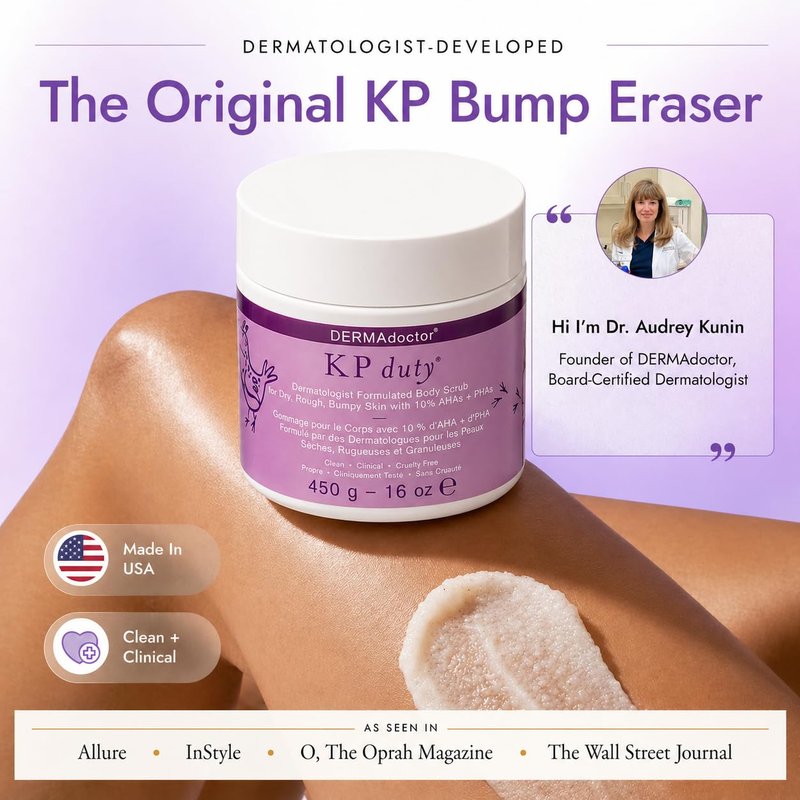DERMAdoctor KP Bump Eraser Body Scrub with 10% AHAs + PHAs for Keratosis Pilaris, Dry, Rough, and Bumpy Skin, Dermatologist Formulated Exfoliating Body Scrub with Glycolic and Lactic acids - 16 Fl oz