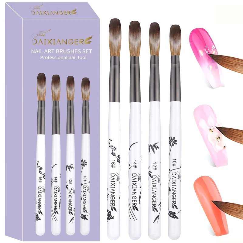 DAIXIANGER 4Pcs Acrylic Nail Brush Set, Size 10/12/14/16, Professional Nail Brushes for Acrylic Application Powder & Nail Extension, 3D Nail Carving Tools for DIY Home Salon Manicure-White