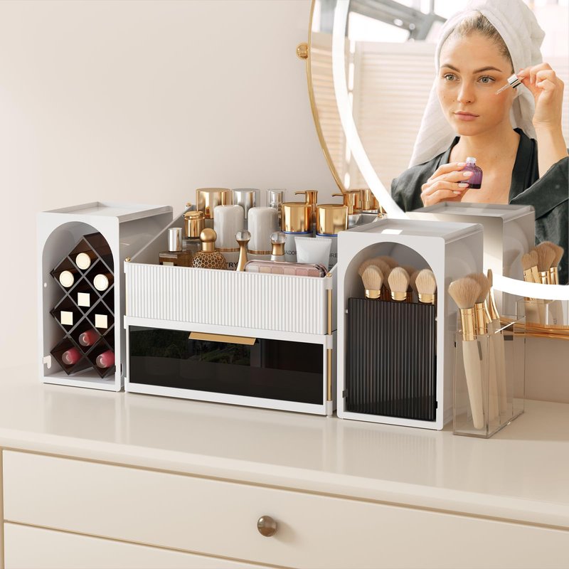 DINMPB Large Makeup Organizer for Vanity with Brush Holder and Lipstick Display Stand, Countertop Cosmetic Storage with Drawer for Skincare, Nail Polish, Perfume and Eyeshadow Palettes