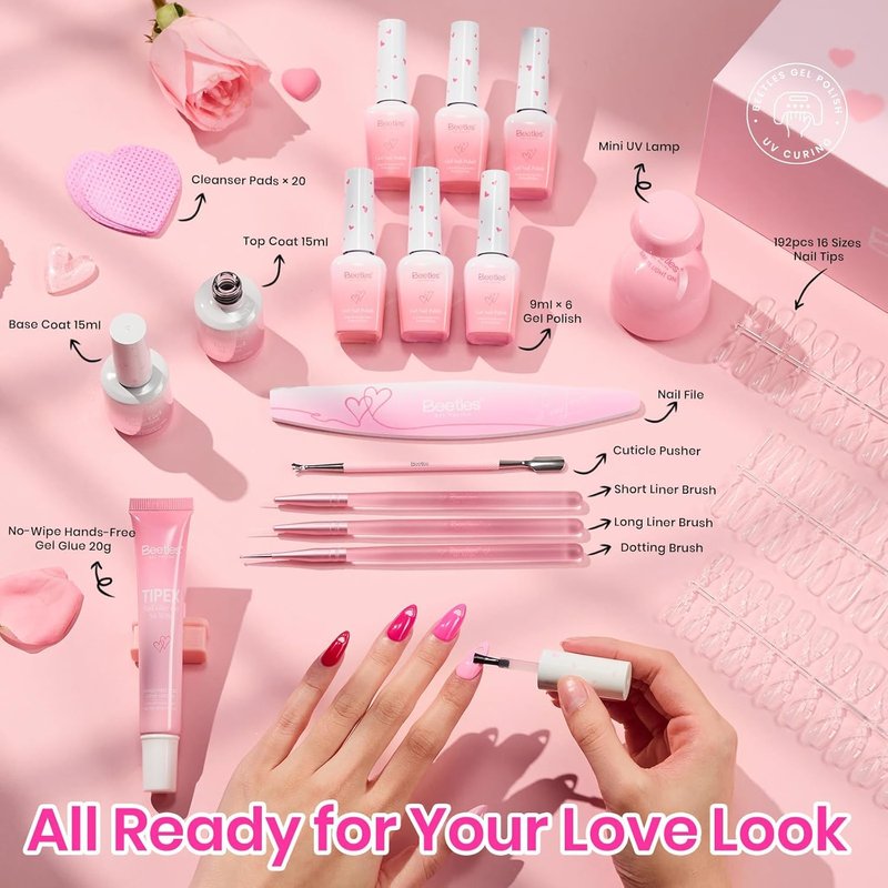 Beetles Nail Kit - Heart Cutout Design with 192 Pre-Built Almond & Stiletto Tips | Gel Starter Set with UV Lamp & 6 Colors