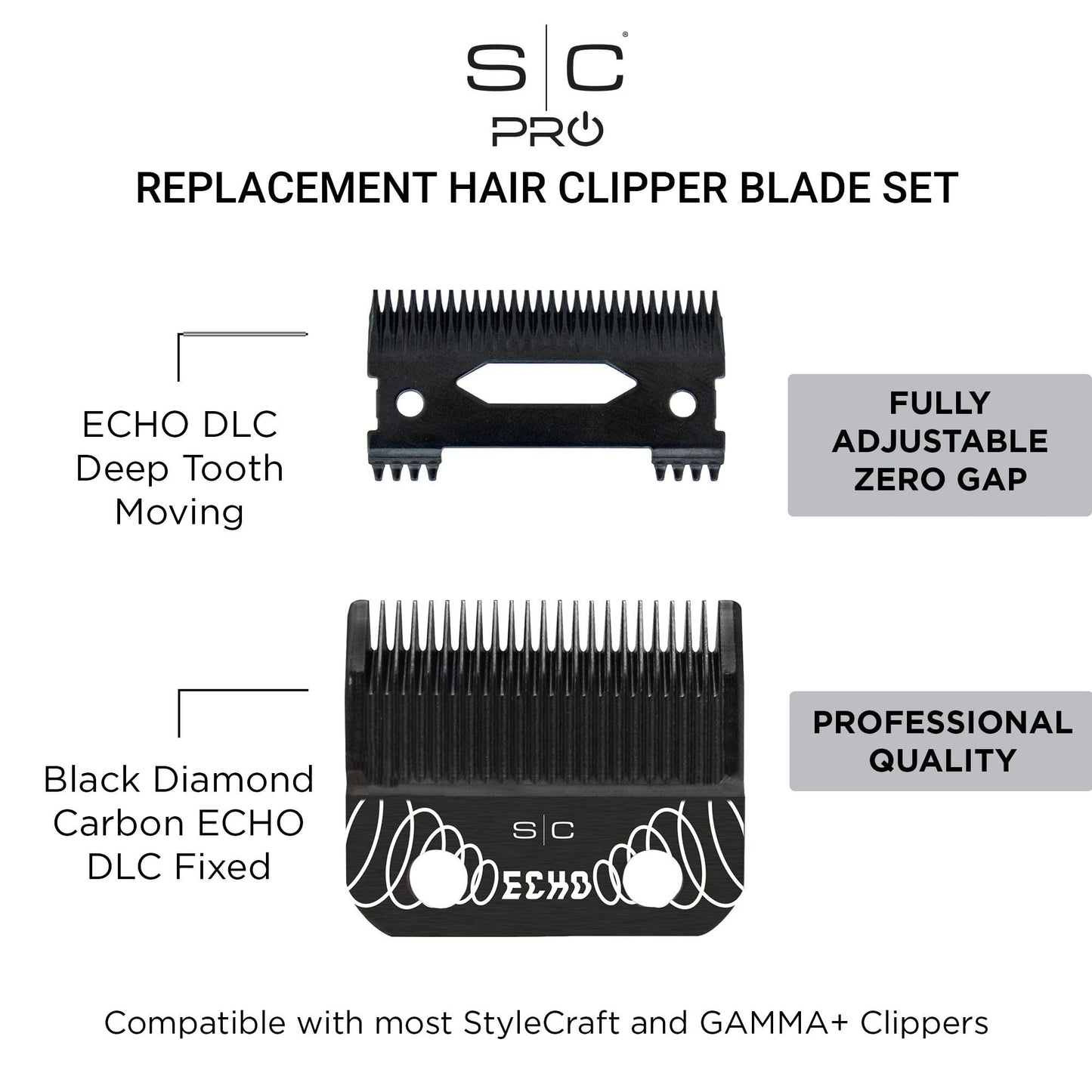 StyleCraft Replacement ECHO Fixed DLC Hair Clipper Blade with DLC Deep Tooth Cutter Set