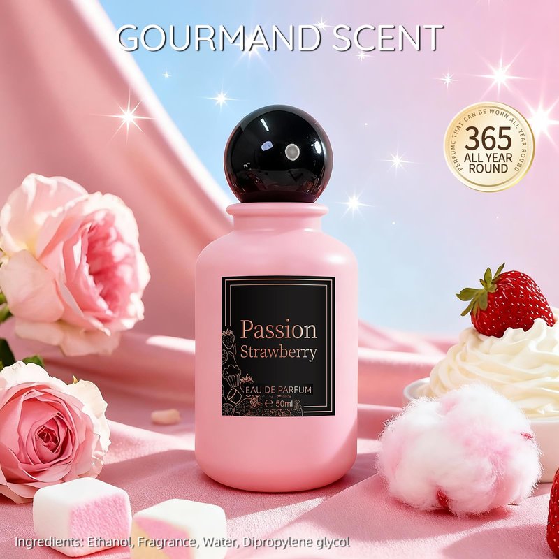 Passion Strawberry Eau de Parfum for Women, 1.7 fl oz Long-Lasting Gourmand Perfume with Strawberry, Cream, Musk & Marshmallow Cotton Candy – Sweet Fruity Floral Scent, Elegant Women’s Fragrance Gift