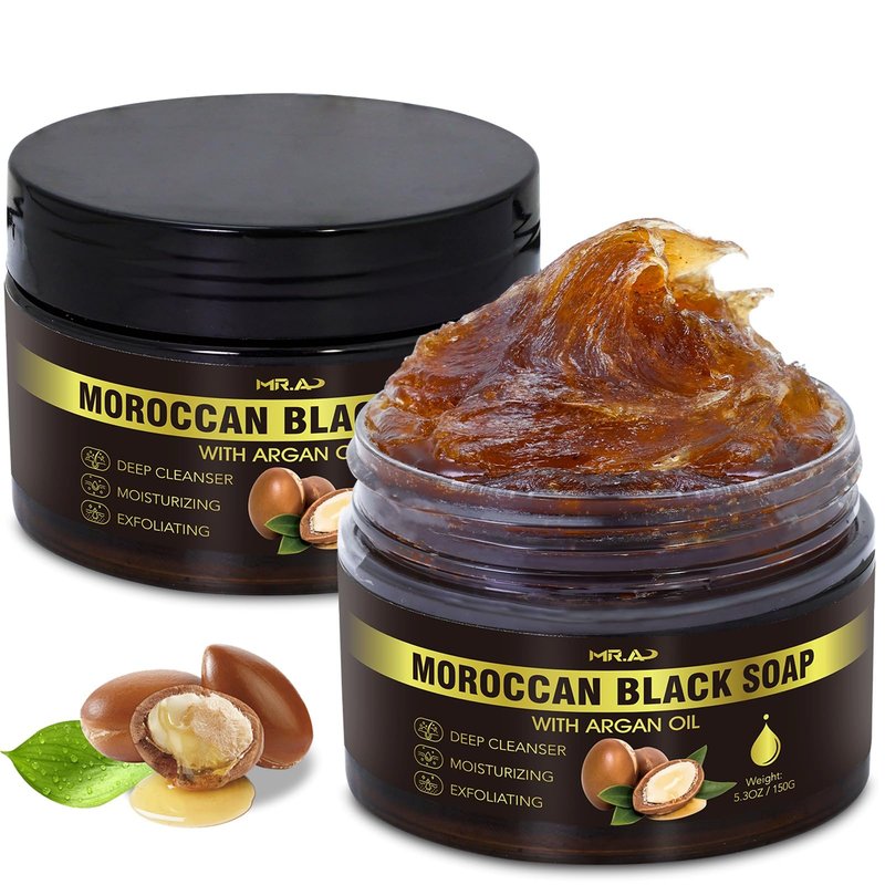 2Pack Moroccan Black Soap with Argan Oil, Morocco Black Beldi Soap Hammam Ritual Body Scrub, Dead Skin Removal, SPA at Home, Purifying Moroccan Body Wash with Exfoliating Glove