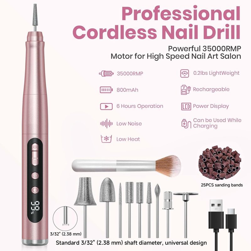 Cordless Nail Drill 35000RPM, Portable Electric Nail File for Acrylic Gel Nails, Professional Manicure Pedicure Kit, Rechargeable Pedicure Tools for feet with LCD Display, Low Noise Low Vibration