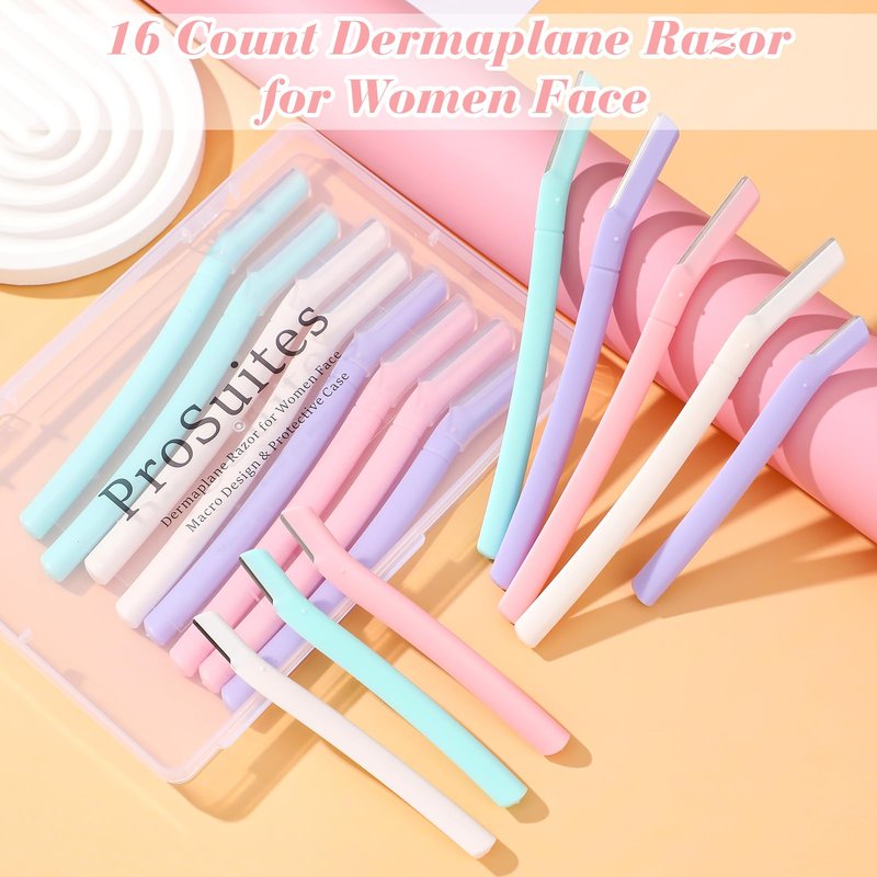ProSuites 16 Count Dermaplane Razor for Women Face, Professional Facial & Eyebrow Hair Remover, Gentle Skin Exfoliation with Precision Blades， Macaroon color