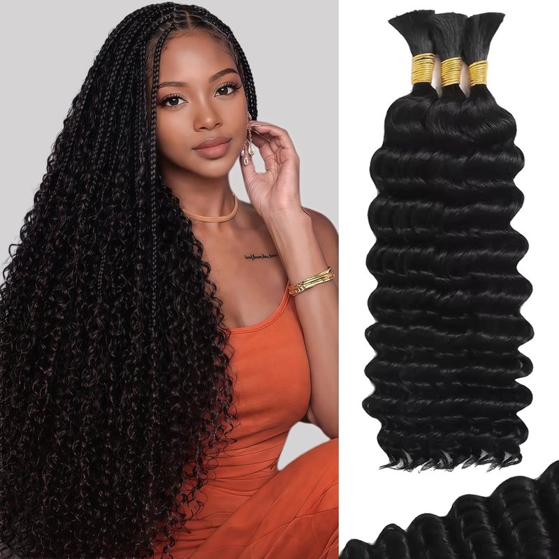 Human Braiding Hair for Boho Braids, 14 Inch 100% 12A Deep Wave Boho Hair for Braiding 3 Bundles/Pack Bohemian Bulk Human hair No Weft Extensions for Braid with Curly Ends 110g Natural Black