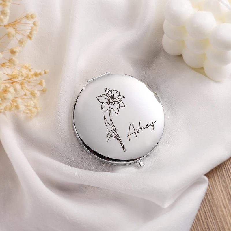 Ahgmeside Personalized Compact Mirror for Women - Pocket Mirror for Women,Custom Birthflower Travel Makeup Mirror for Wife, Mom, Bridesmaid Gifts for Daughter Friend (Silver)
