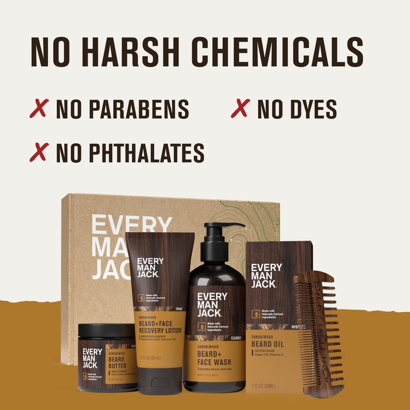 Every Man Jack Beard Essentials Gift Set for Men – Complete Routine with 5 Full-Size Essentials – Sandalwood Scent - Beard & Face Wash, Lotion, Oil, Butter & Comb