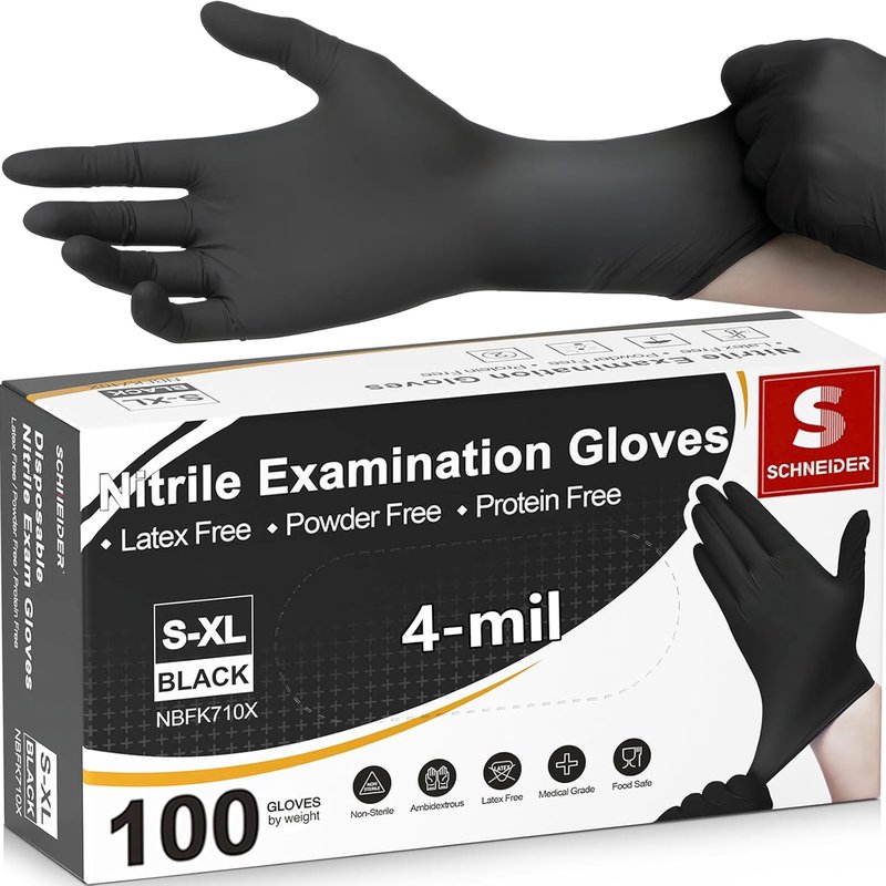 Schneider Nitrile Exam Gloves - 4 Mil Black Disposable, Latex-Free & Powder-Free | Food Safe for Cooking