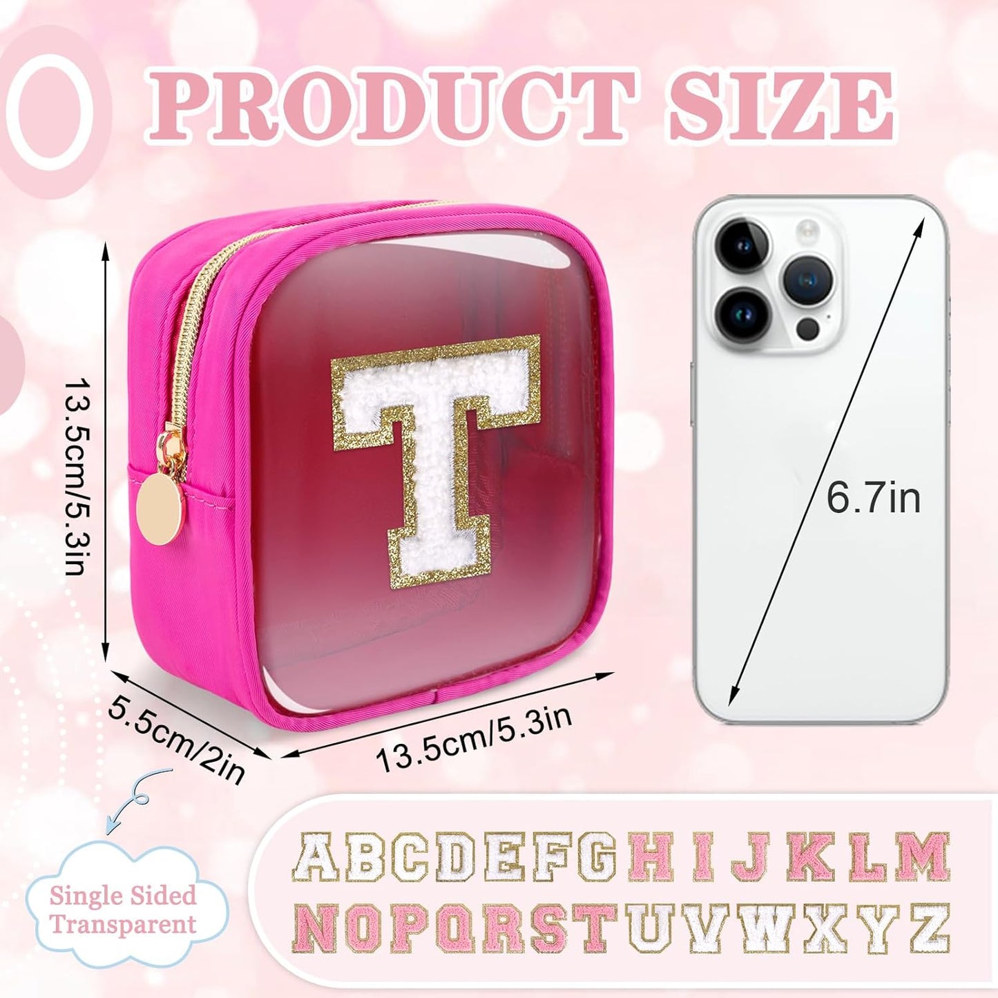 Skiennix Mini Clear Makeup Bag - Personalized Initials | Waterproof Nylon Travel Pouch (Hot Pink-White)