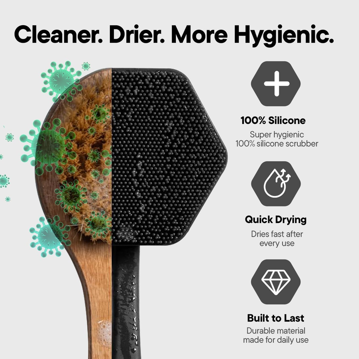 TOOLETRIES Silicone Back Scrubber for Shower Exfoliating Back Brush for Men with Long Handle, Non Slip Grip Body Washer to Clean Hard to Reach Areas, Durable Bath Accessory - Charcoal
