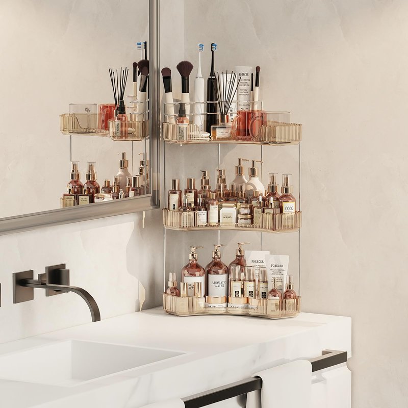 Asayuee 3-Tier Corner Bathroom Counter Organizer with Top Toothbrush Holders,Large Makeup Organizer Countertop with Brush Holder,Skincare Organizers Corner,Exquisite Vanity Organizer (Gold, 3 Tier)