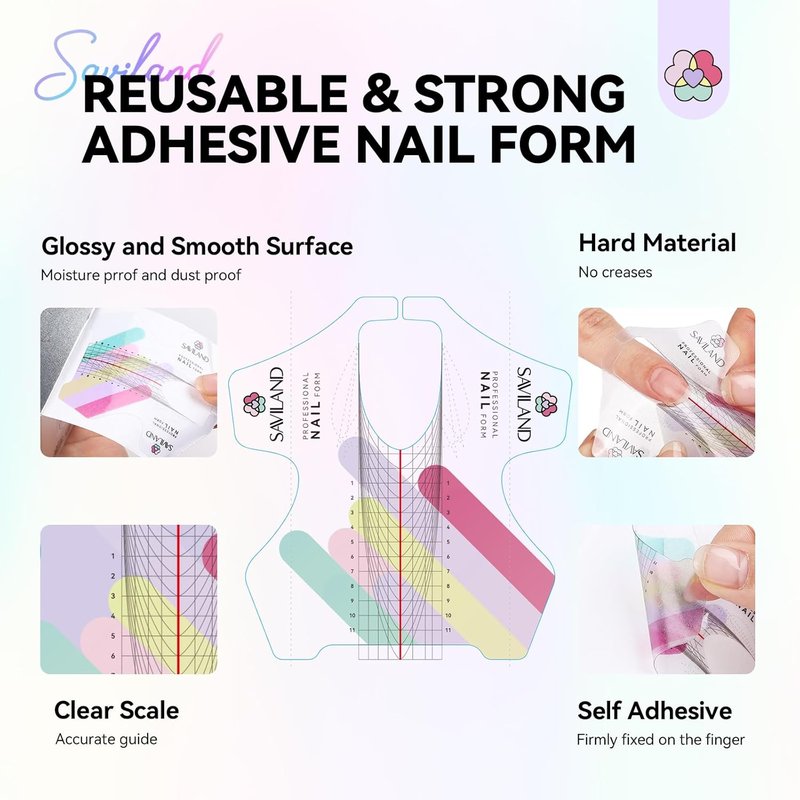 SAVILAND Plus Nail Forms - Reusable Sticky Nail Extension Forms for Builder Gel & Acrylic Nails | Precise Length Guide