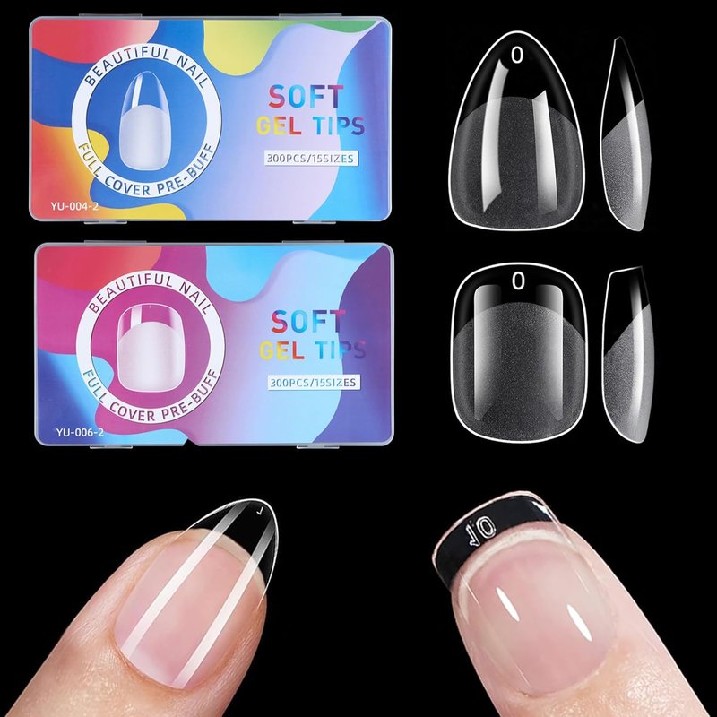 BlueZOO Soft Gel Nail Tips Set - 600 Pcs Clear Acrylic for Manicure & DIY Art | 15 Sizes, Full Cover
