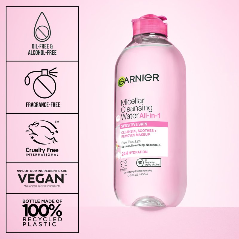 Garnier Micellar Water, Hydrating Facial Cleanser & Makeup Remover, Suitable for Sensitive Skin, Vegan, Cruelty Free, 13.5 Fl Oz (400mL), 1 Count