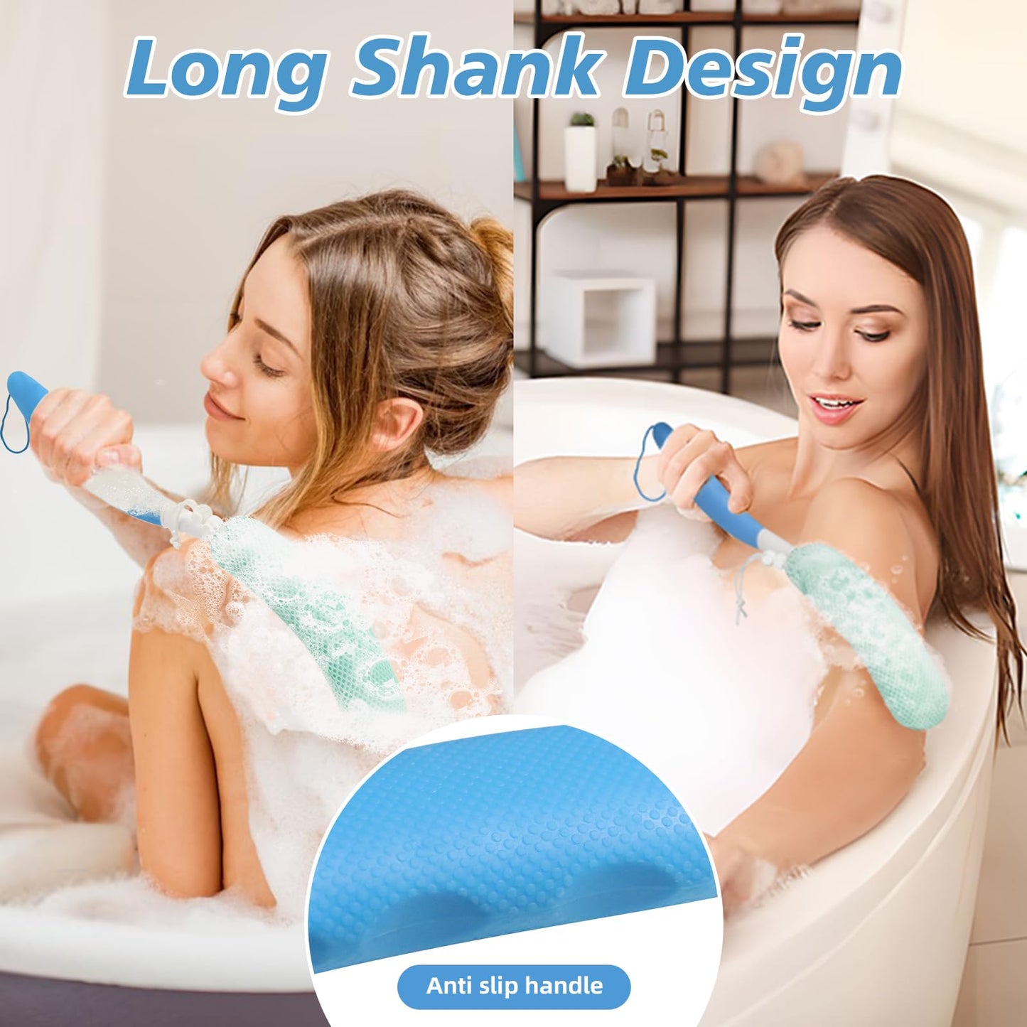 KkaFFe Back Scrubber for Shower，Mesh Sponge Body Shower Brush with Long Handle for Use in Shower Back Scrubber,Back Scrub for Exfoliating Body Scrubber or Shower Brush (Green and Green)