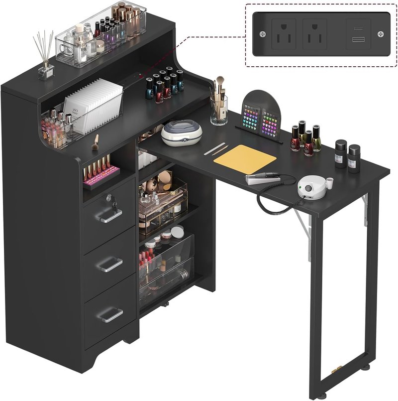 Foldable Nail Desk for Nail Tech, L Shape Manicure Table with Cabinet Drawer & Built-in Charging Station, Portable Nail Table for Beauty Salon Workstation (Black)