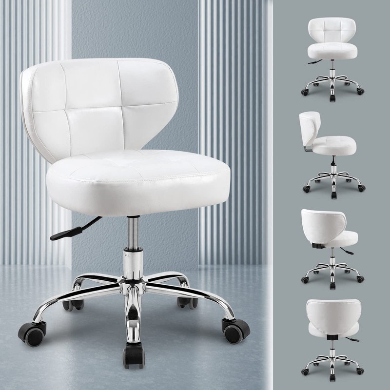 Paddie Pedicure Stool for Nail Tech, Hydraulic Salon Spa Stool Back Support Short Height Adjustable Swivel Chair, Massage/Tattoo/Esthetician/Shop/Medical, White