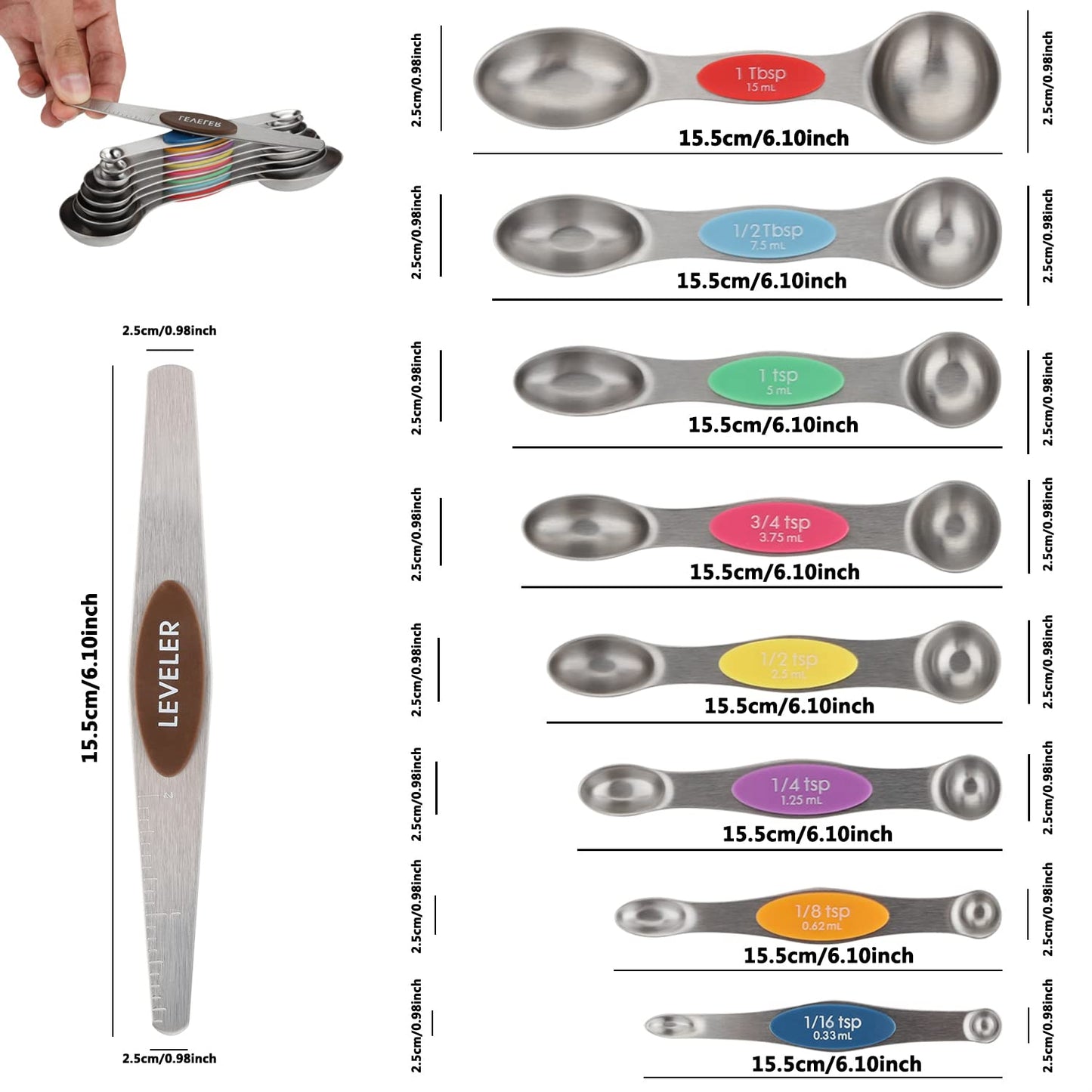 Magnetic Measuring Spoons Set of 9 Dual Sided Stainless Steel Measuring Spoons Stackable Nesting Tablespoon Teaspoon, Fits in Spice Jars, for Dry or Liquid Ingredients