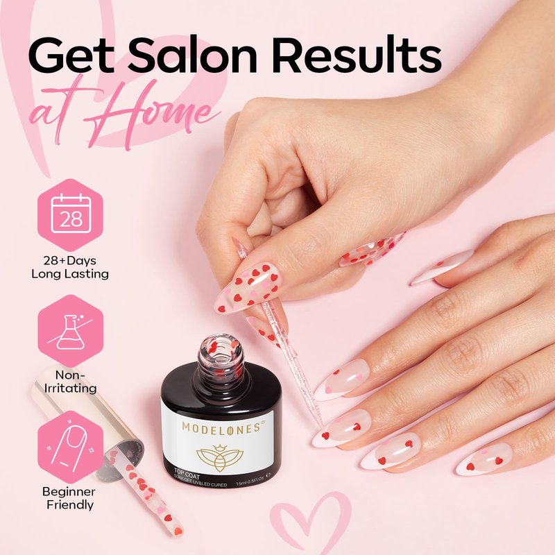 modelones Heart Glitter Gel Top Coat, 15 ML 2 in One No Wipe Clear Gel Nail Polish Red Pink Color Reflective Hearts Sequins Glossy Shine Long Lasting Soak Off Manicure Gift for Women