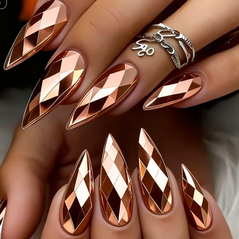 RUOKEXIN Almond Press on Nails Medium Length Fake Nails Rose Gold Chrome False Nails with 3D Rhombus Designs Full Cover Nail Press ons Sparkly Artificial Nails for Women 24Pcs