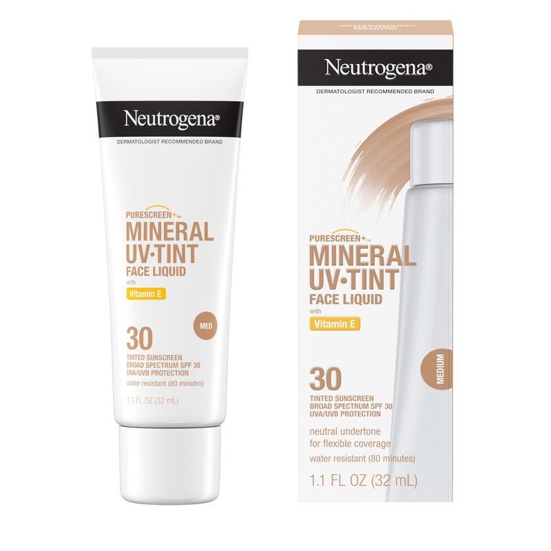 Neutrogena Purescreen+ Tinted Sunscreen for Face with SPF 30,Broad Spectrum Mineral Sunscreen with Zinc Oxide and Vitamin E,Water Resistant,Fragrance Free,Medium,1.1 fl oz,(Pack of 2)