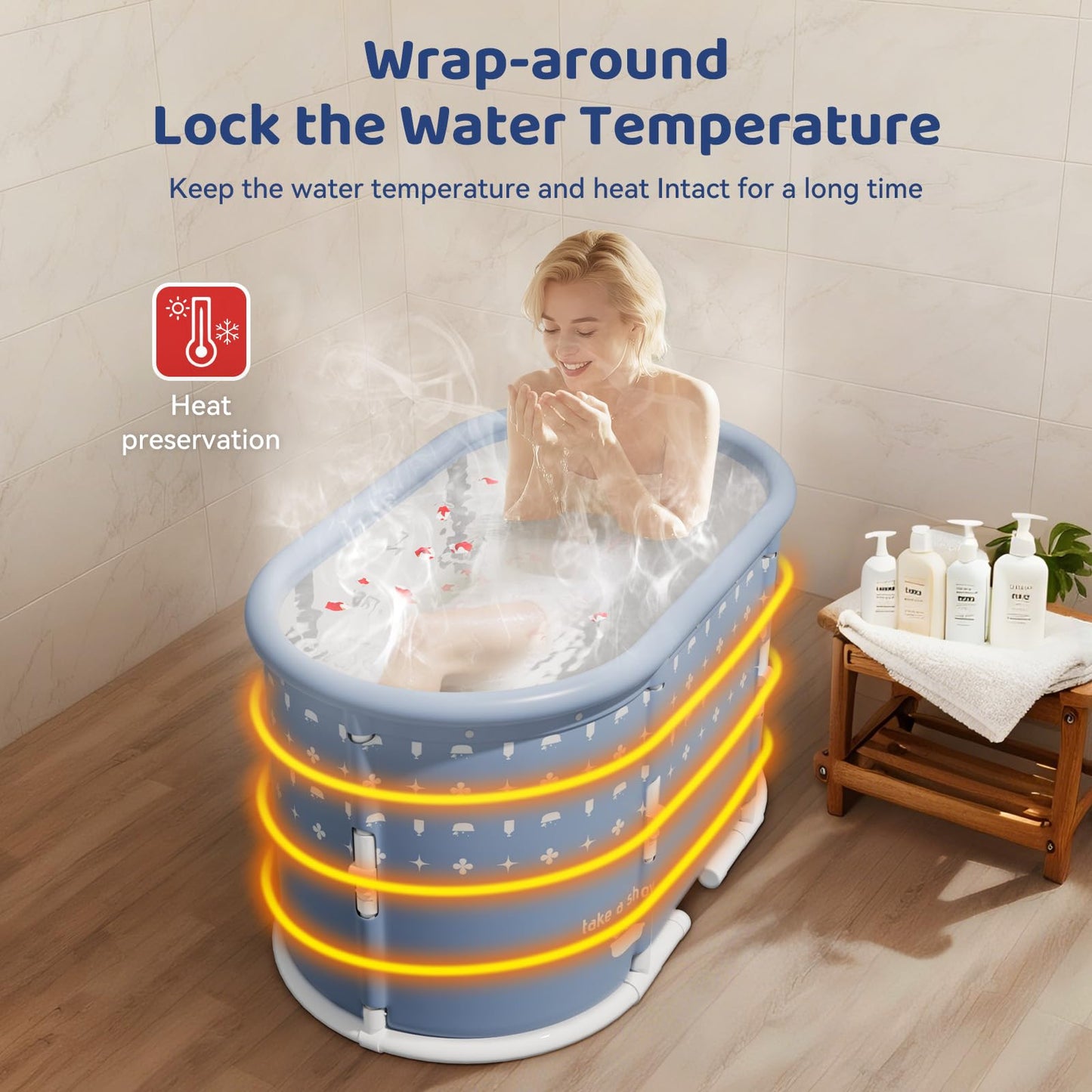 HLCZLUZ Portable Bathtub, Foldable Bathtub No Installation, Freestanding Shower Bathtubs with Cushion, Collapsible SPA Soaking Bath Tub, Hot & Ice Bath Tub for Indoor Outdoor (White Brown Stripes)