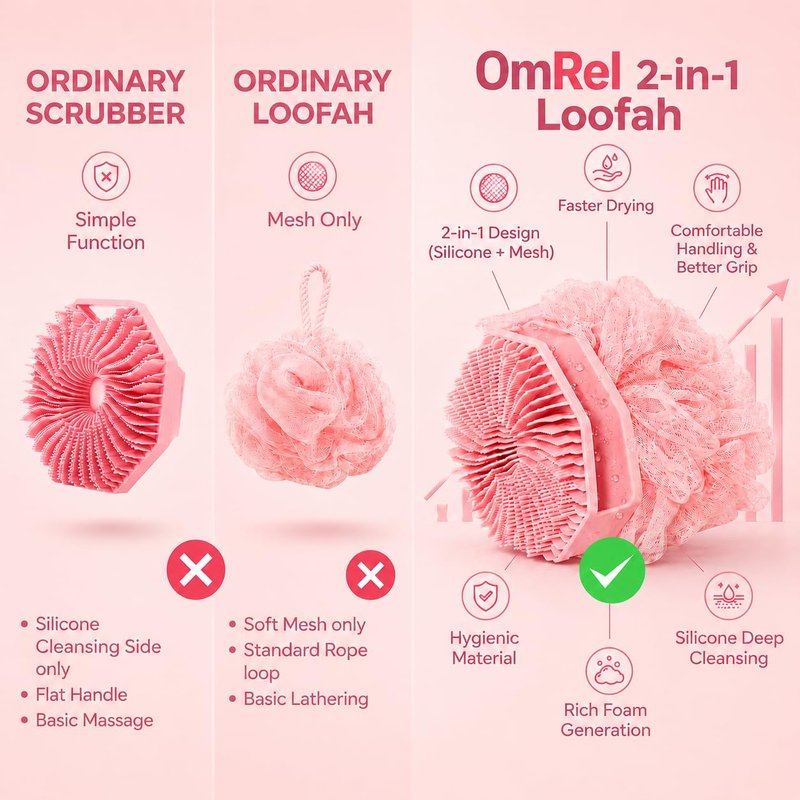 2-in-1 Silicone Body Scrubber & Mesh Loofah Sponge – Exfoliating Silicone Shower Scrubber with Soft Loofa Puff, Bristles, Non-Slip Grip, Quick Dry, Hygienic Body Scrubber for Women & Men