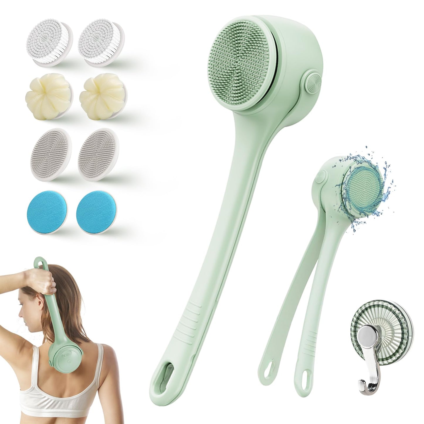 Xquyk Electric Body Brush Back Scrubber for Shower, 8 Replaceable Heads and Hook, Long Handle, 2-Speed, Type-C Rechargeable, Waterproof, for Cleansing, Exfoliating and Massaging Skin（Green）
