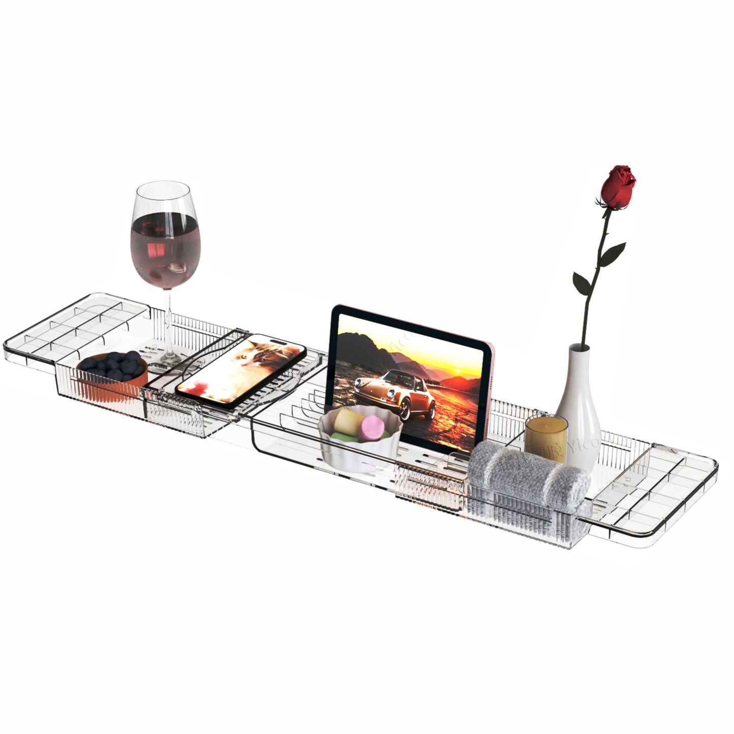 Yieach Luxury Tub Tray for Bathtub Expandable,Clear Bath Shelf Over Tub and Acrylic Bathtub Tray,Plastic Bath Board & Table,Bath Caddy Tray & Accessories for Mothers,Mom and Women Relaxing Spa Gifts