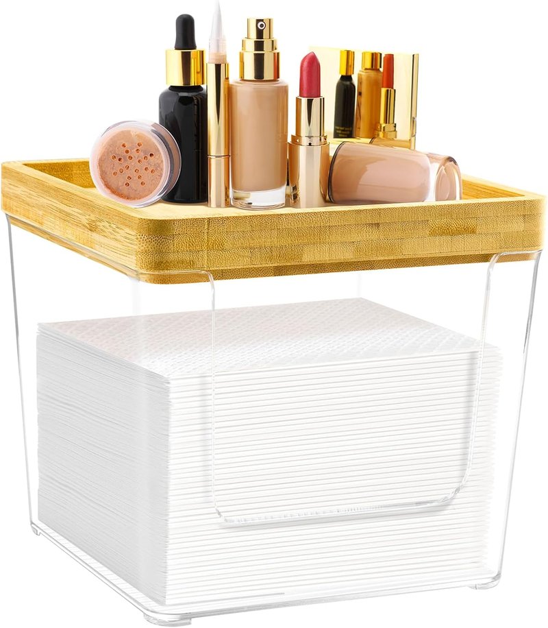 GRETJOB Acrylic Face Towel Holder Box - XL Storage Container with Bamboo Lid for Bathroom & Vanity