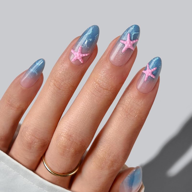 Press On Nails - Star Shore 3D Starfish Blue Cat Eye Almond | Easy Application, 15 Sizes, 30 Nails Kit