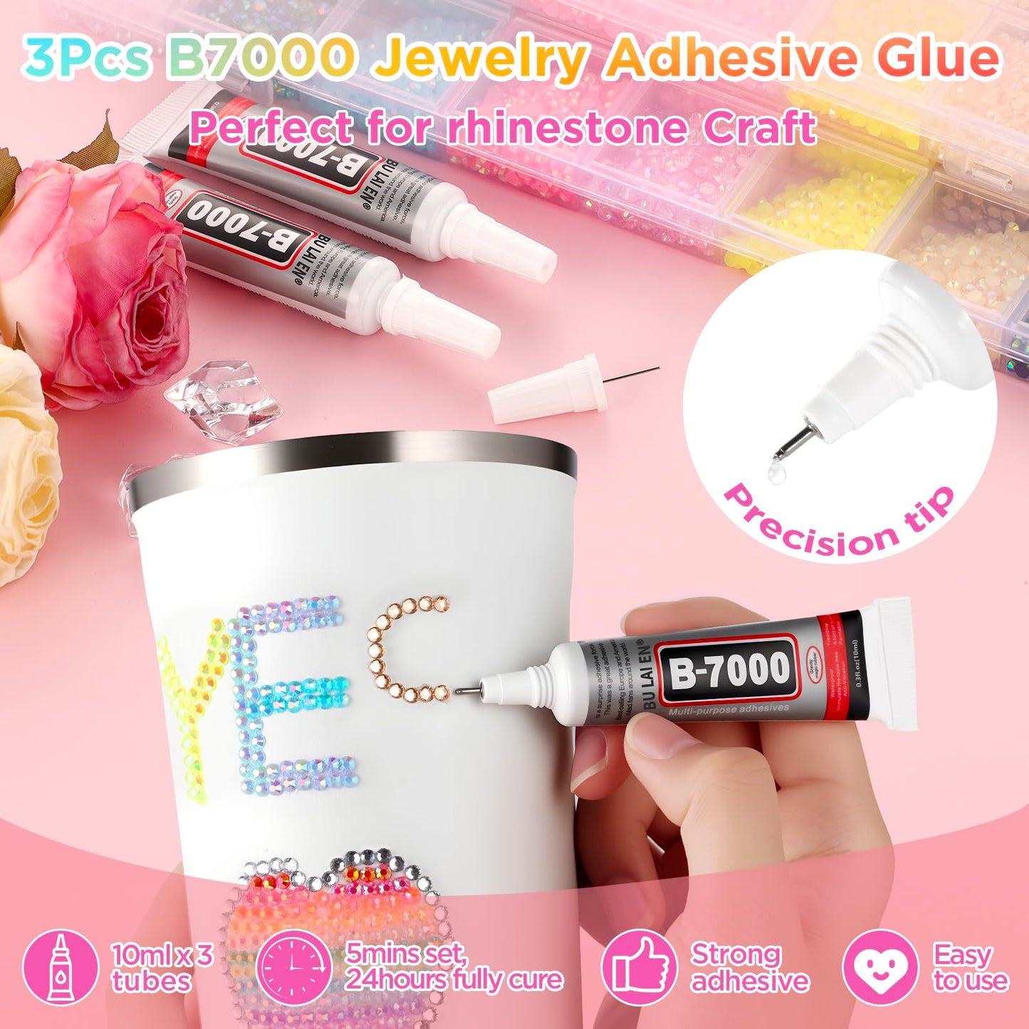 Zefy 40 Colors Resin Jelly Rhinestones for Bedazzling, 5mm 10000 Pcs Flatback Gems for Crafting, Bedazzling Kit with 3Pcs B7000 Glue for Clothing Shoes Nail Book Diamond Art