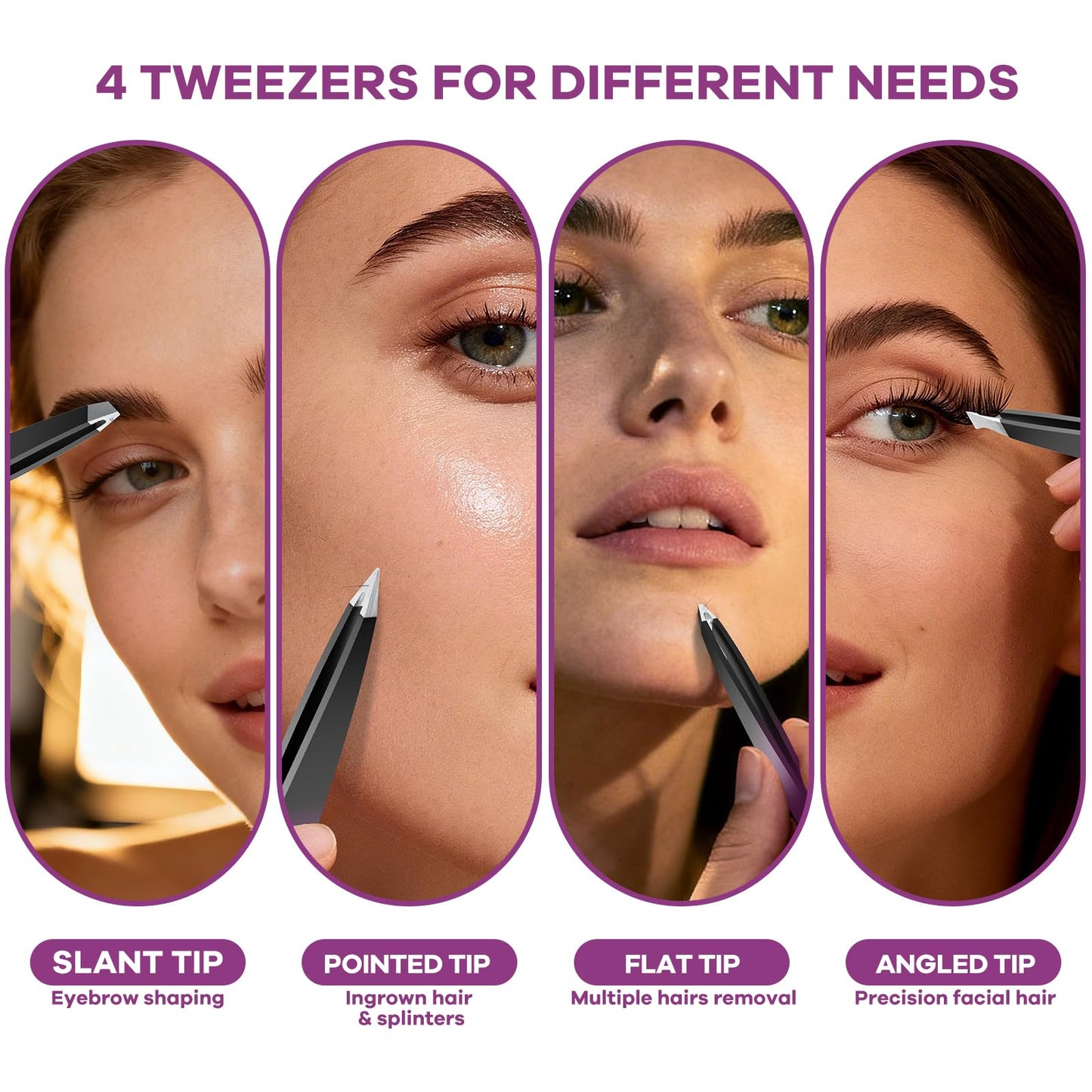 VANWIN Tweezers Set, 4 Pack Professional Stainless Steel Precision Tweezers with Slant, Pointed, Flat & Angled Tips for Eyebrow, Facial Hair, Ingrown Hair, Splinter & Blackhead Removal for Women & Men
