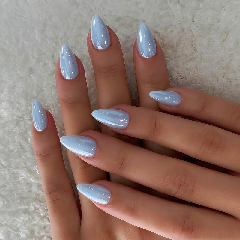 Chrome Baby Blue Press on Nails Short Almond, Shiny Soft Gel Fake Nails with Glazed Sparkle UV Finish, 30 Pcs Designed Glue on Nails Short Stiletto, Reusable Thick Cute Nail Set with Glue