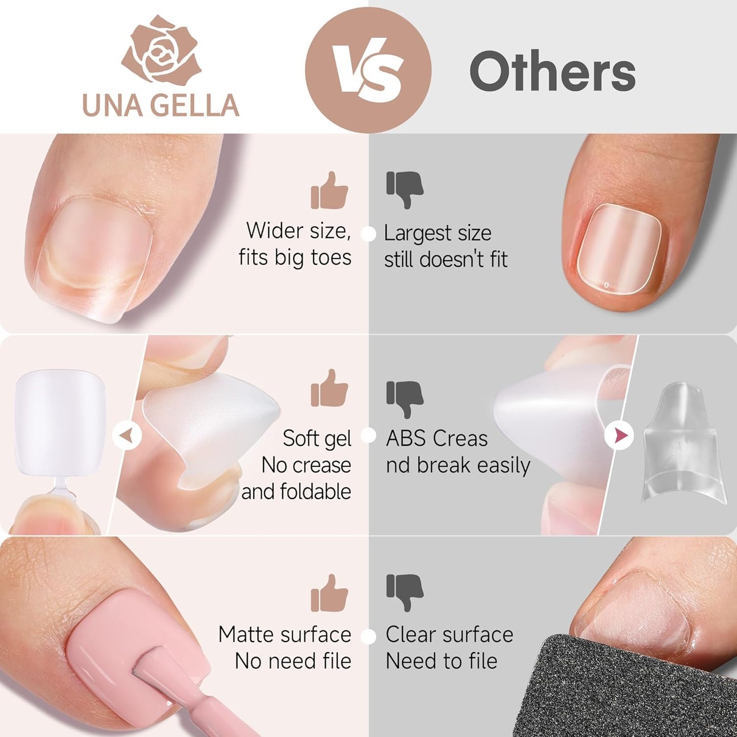 UNA GELLA Toe Nail Tips - 312 Pcs Full Cover Press-On Fake Nails | Soft Gel, Double Matte, 15 Sizes for DIY Nail Art