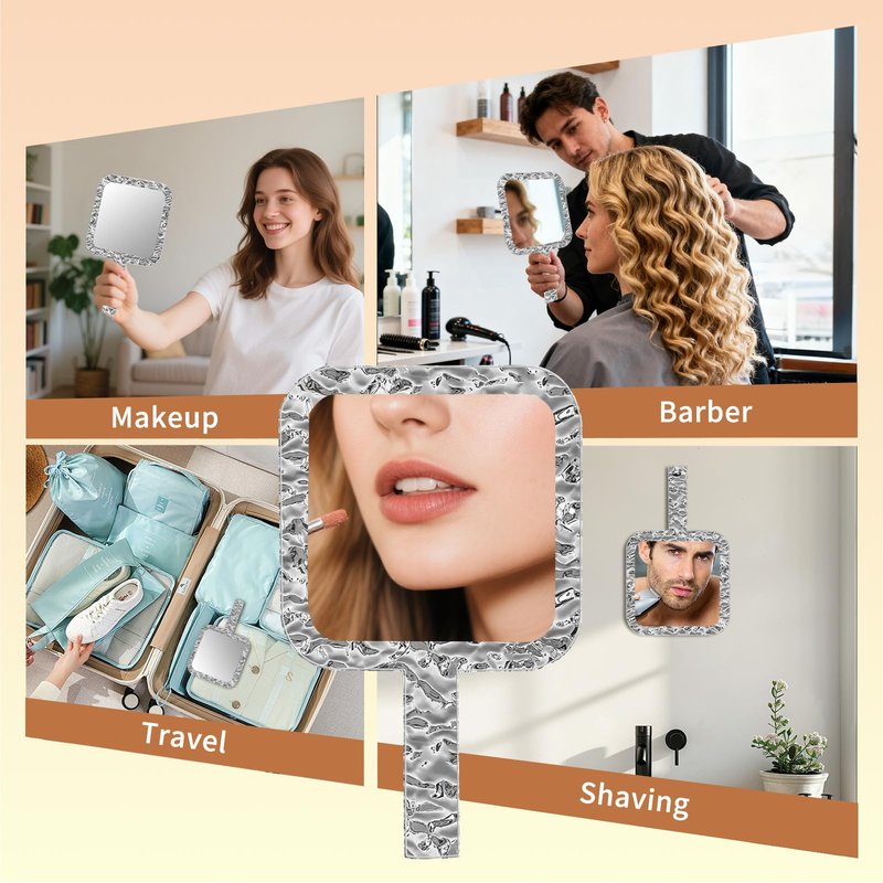 Famihomii Dual-Sided Hand Mirror, Handheld Mirror with 1X/7X Magnification, Hand Mirror with Handle, 10.0" x 6.1", Lightweight & Durable, Portable & Hangable for Makeup, Shaving - Chorme