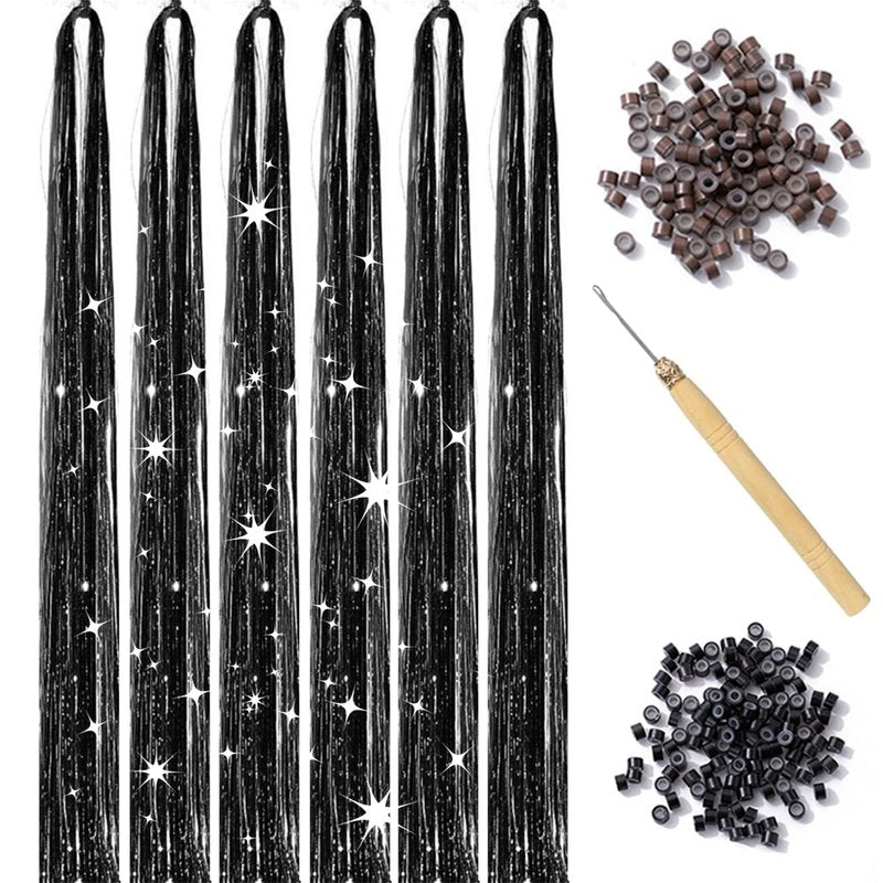 Skiennix Black Hair Tinsel Kit - 1200 Strands Heat Resistant Glitter Extensions | 47 Inch Fairy Hair Accessories for Women & Kids