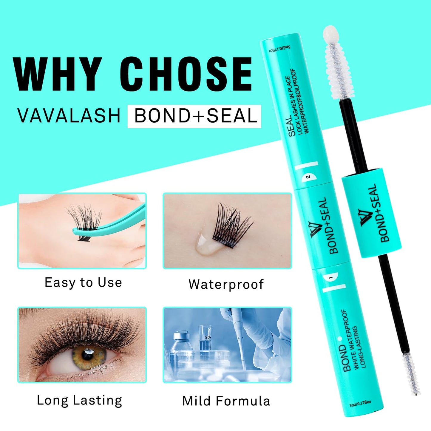 VAVALASH Bond and Seal Lash Clusters Glue 2 in 1 Long Lasting Clear Cluster Lash Glue for Eyelash Extensions Waterproof Adhesive and Sealant 48-72 Hours DIY Eyelash Extension