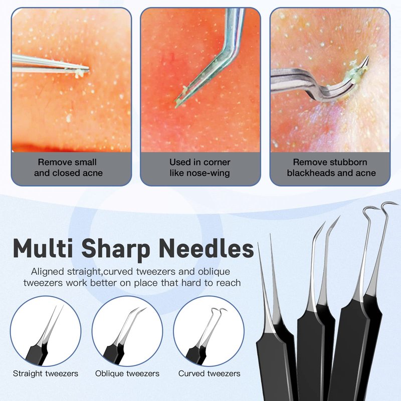 Professional Pimple Popper Tool Kit,10 PCS Blackhead Remover Tweezers,Extractor Acne Removal Kit for Easy Removal for Pimples,Comedone Extractor Tools for Removing Zit,Acne Removal Kit (Black)
