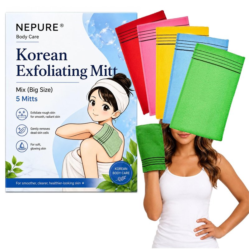 NEPURE Korean Exfoliating Mitt, Large Body Scrub Washcloth, (5 Pack, Mix)