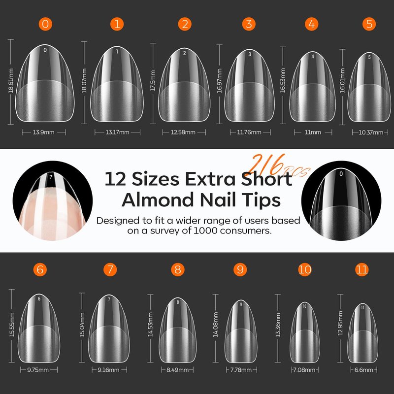 Extra Short Almond Nail Tips - Pre-shaped Gel Soft Fake Nails | 216PCS, 12 Sizes for DIY Manicure