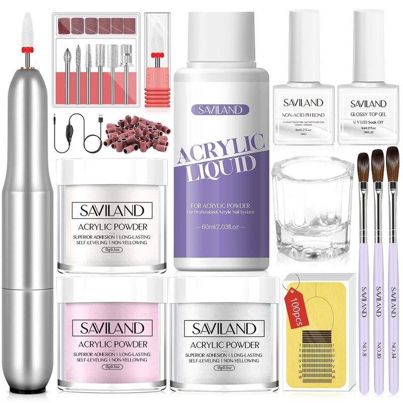 SAVILAND Acrylic Nail Kit - Professional Starter Set with White, Pink & Clear Powder | Manicure Tools for DIY