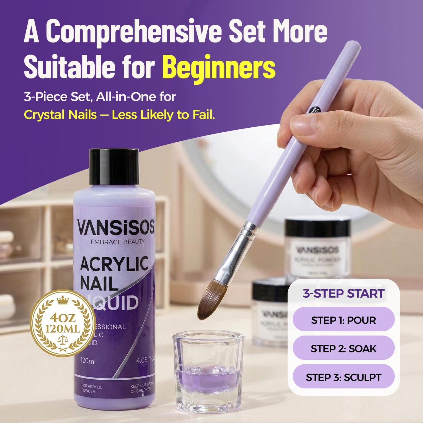VANSISOS Monomer Acrylic Nail Liquid: 120ml EMA Low Odor Monomer Acrylic Liquid for Nails with Brush Ideal for Beginners Perfect for Salon and Home Use