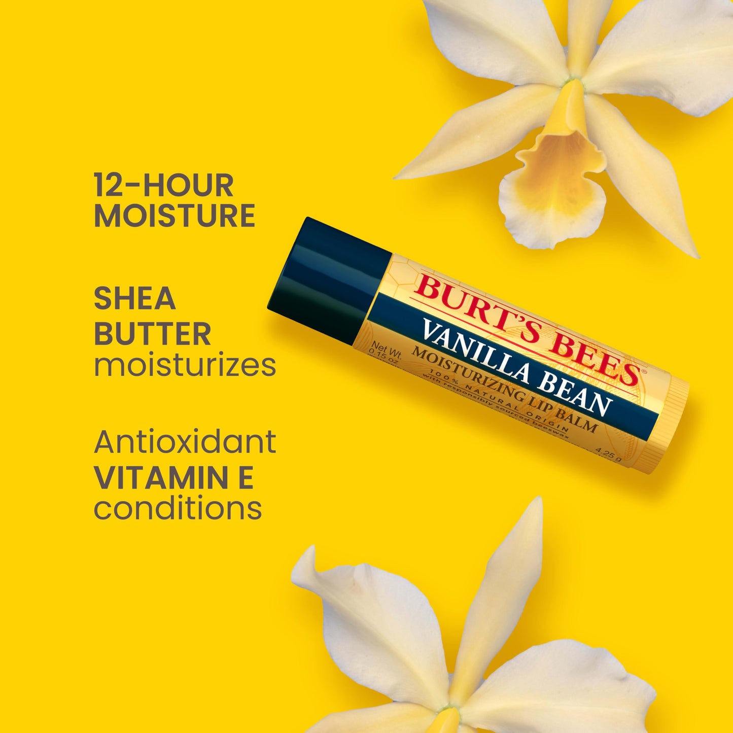 Burt's Bees Lip Balm, Vanilla Bean, Lip Moisturizer With Responsibly Sourced Beeswax, Tint-Free, Natural Conditioning Treatment, 1 Tube, 0.15 oz.